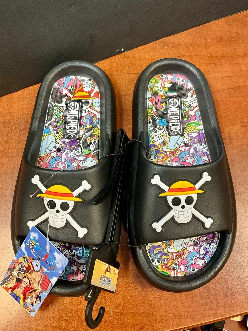 Onepiece Men’s Black Slides with Colorful Printed Footbeds